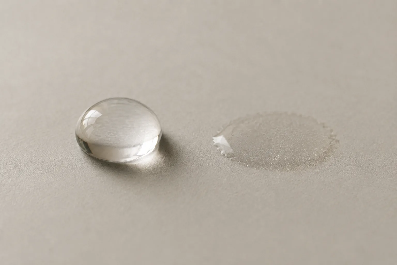 Two water droplets on a smooth surface: one still round and full, the other flattened and half evaporated, leaving a faint dry ring.