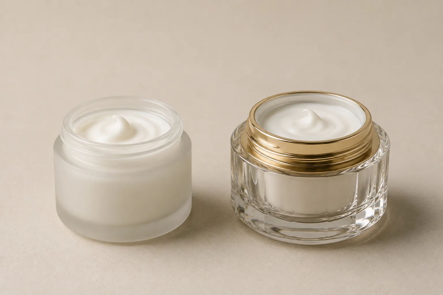 Two open jars holding identical plain white cream, one in simple frosted glass and one in heavy ornate glass with a gold lid.