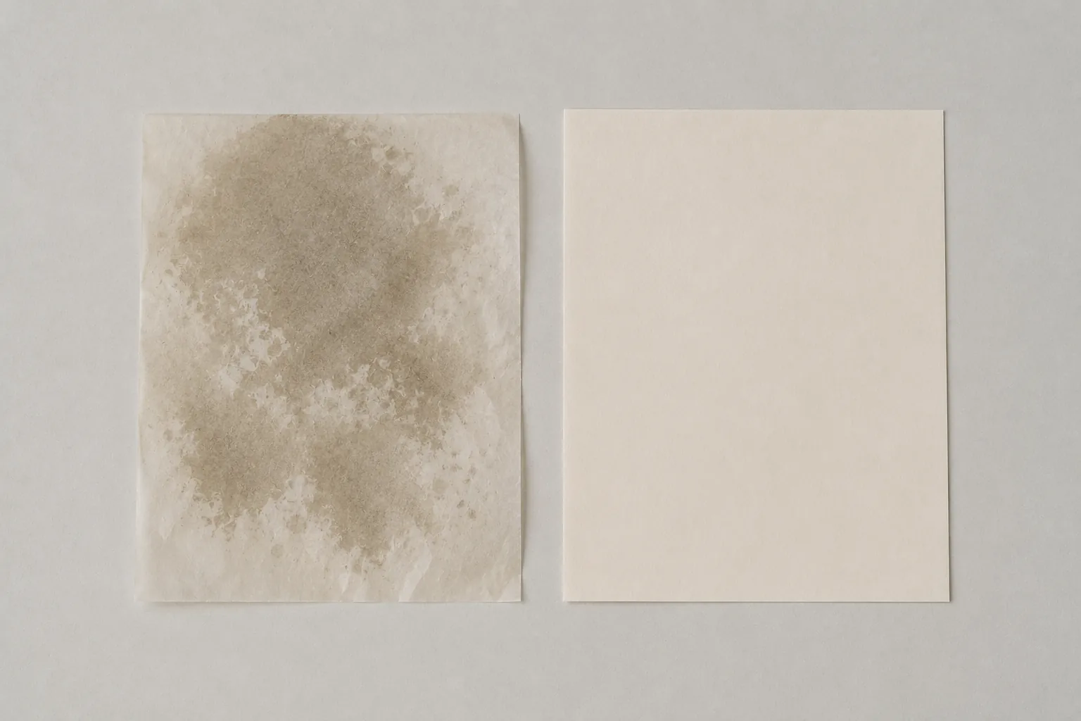Two oil-blotting sheets side by side on a plain surface. The left one is heavily saturated and translucent; the right one is clean and matte.
