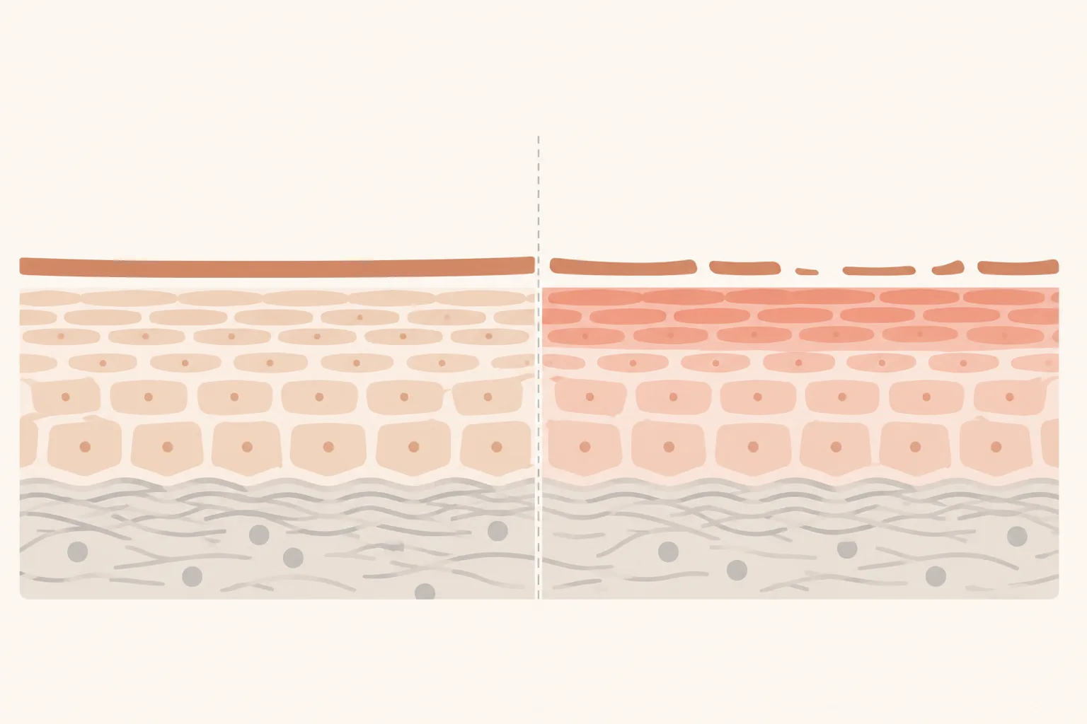 A simple cross-section of the outer layer of skin. On the left the protective film is intact and continuous; on the right it is scrubbed away and patchy, with the exposed layer beneath tinted red.