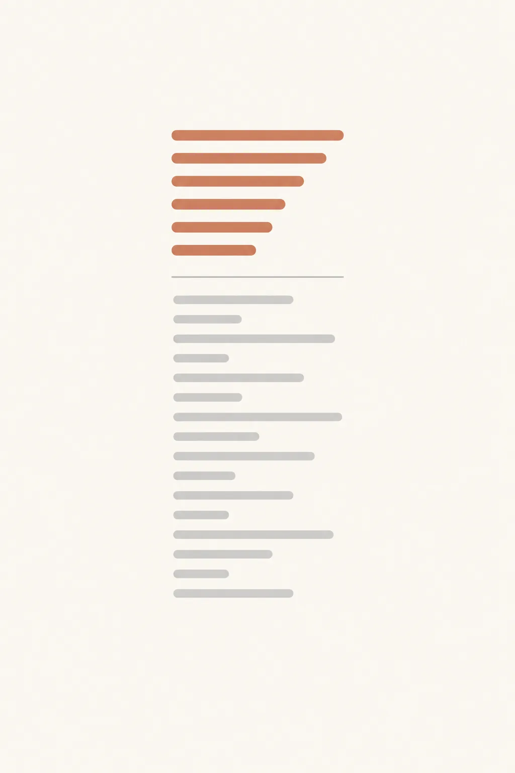 An abstract list graphic: the top six lines ordered and picked out in terracotta, a divider, then the rest pale gray and jumbled.