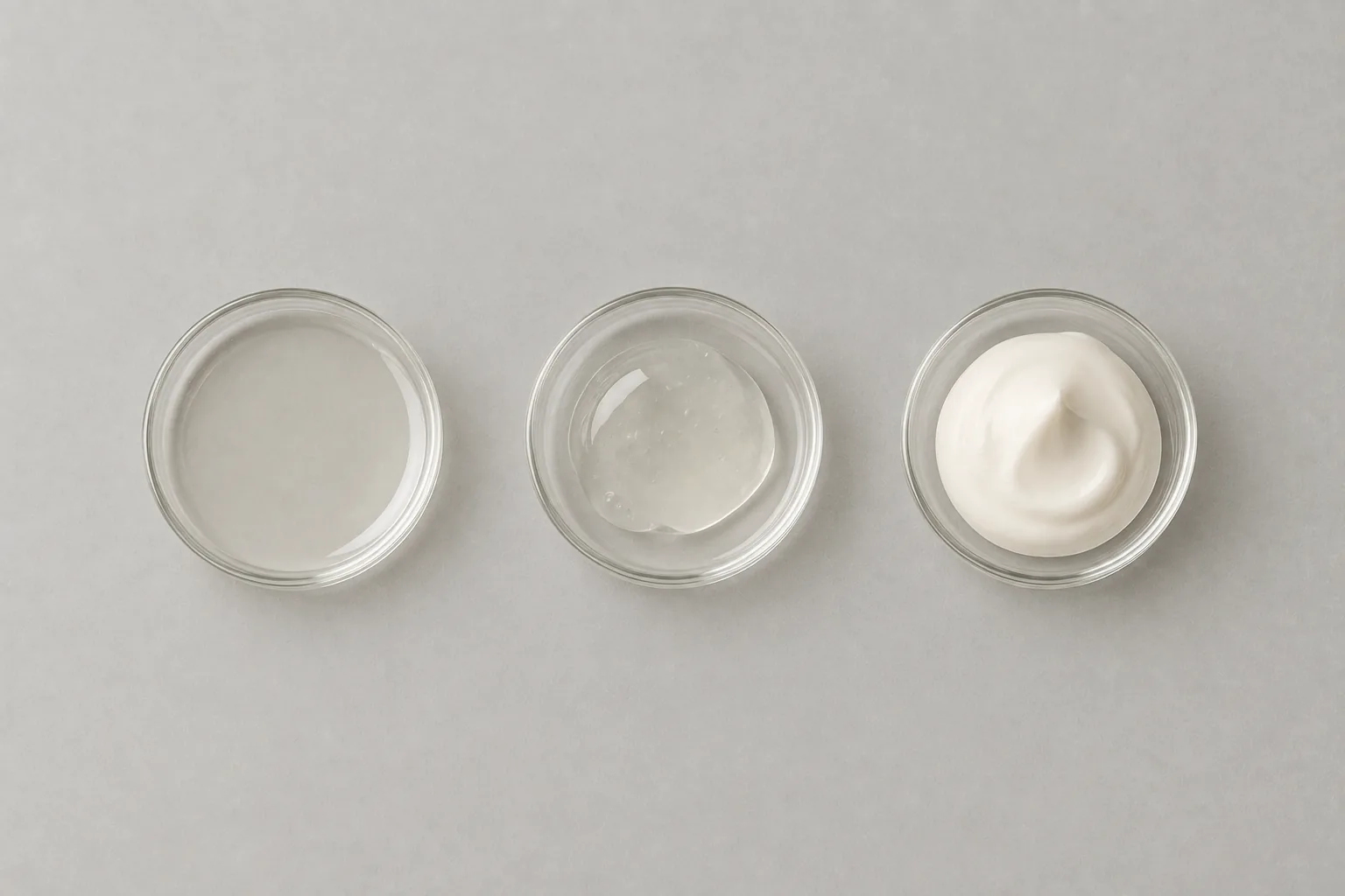 Three small dishes side by side: a thin watery liquid lying flat, a gel holding a soft dome, and a thick cream standing in a firm peak.