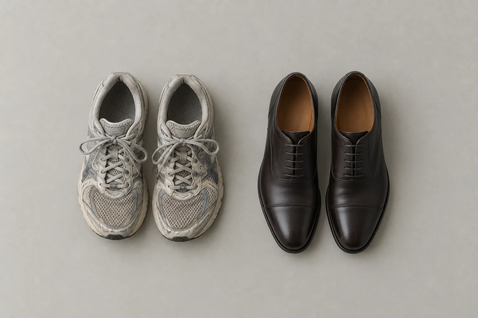 A pair of worn, scuffed running sneakers beside a pair of polished dark leather dress shoes, on a plain surface.