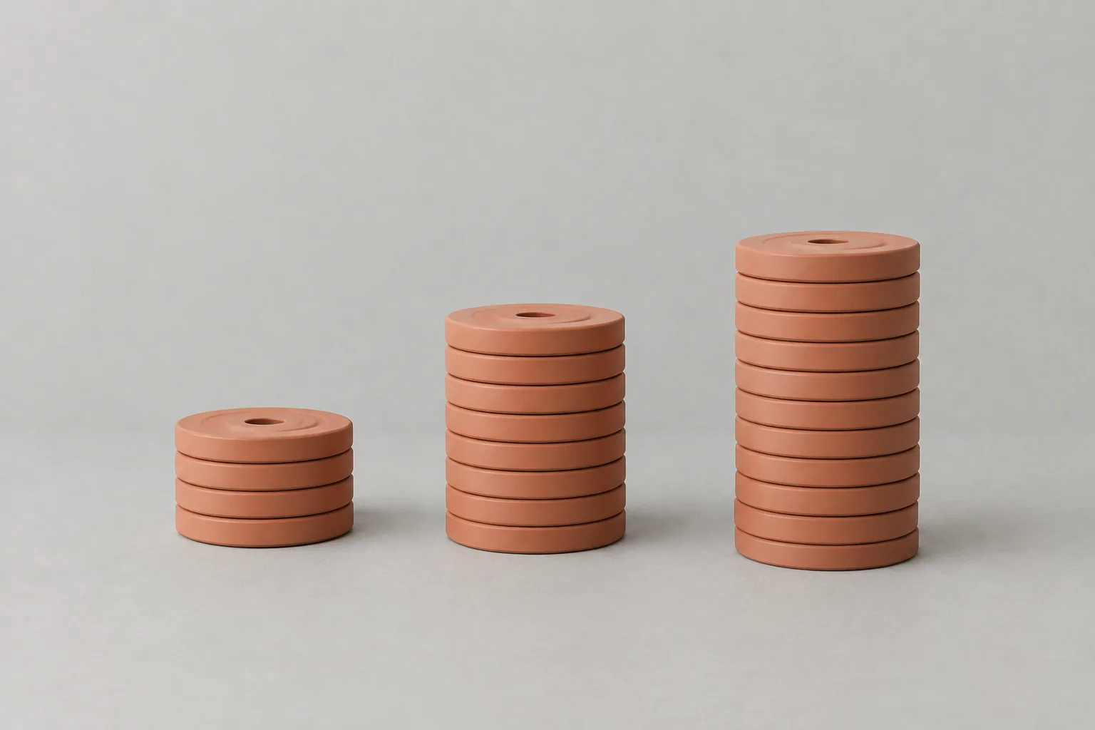 Three stacks of terracotta discs standing side by side, each taller than the last, stepping up from left to right.