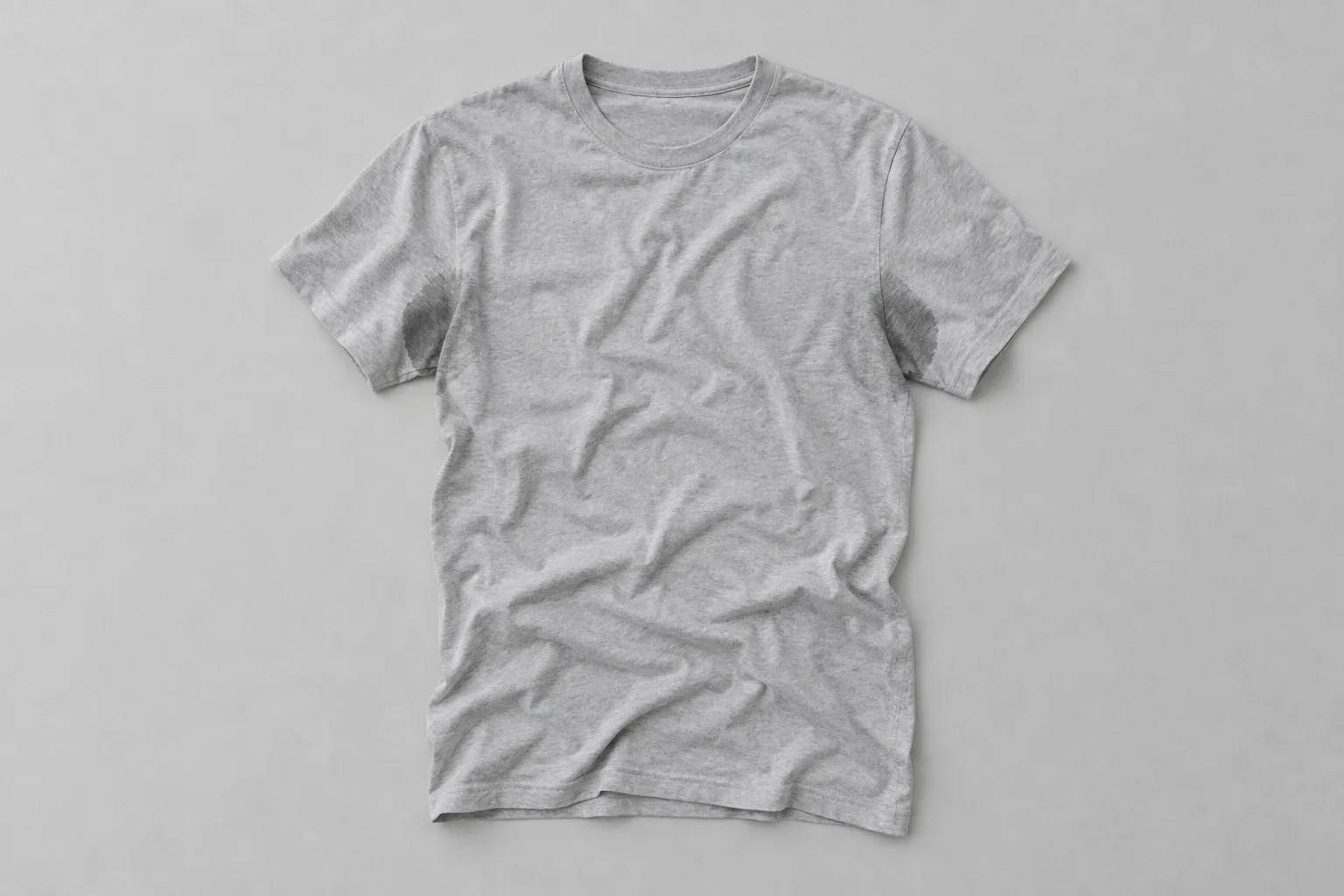 A crumpled gray cotton t-shirt laid flat, with faint darker damp patches under both arms.
