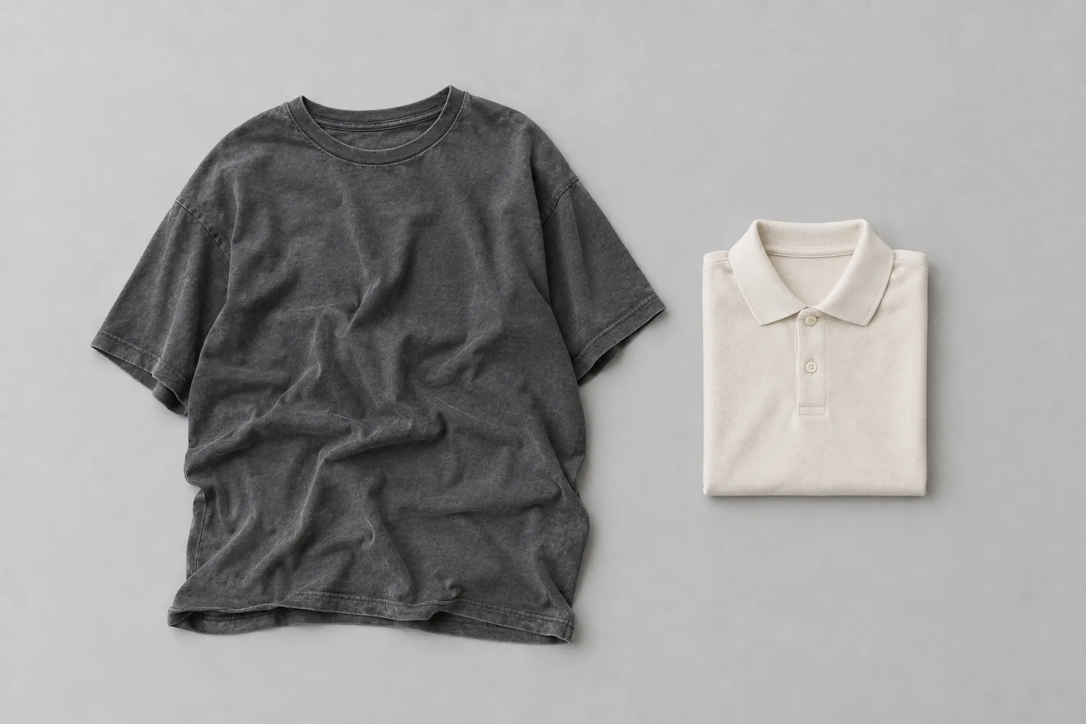 A baggy oversized charcoal t-shirt laid flat beside a neatly folded cream polo shirt.