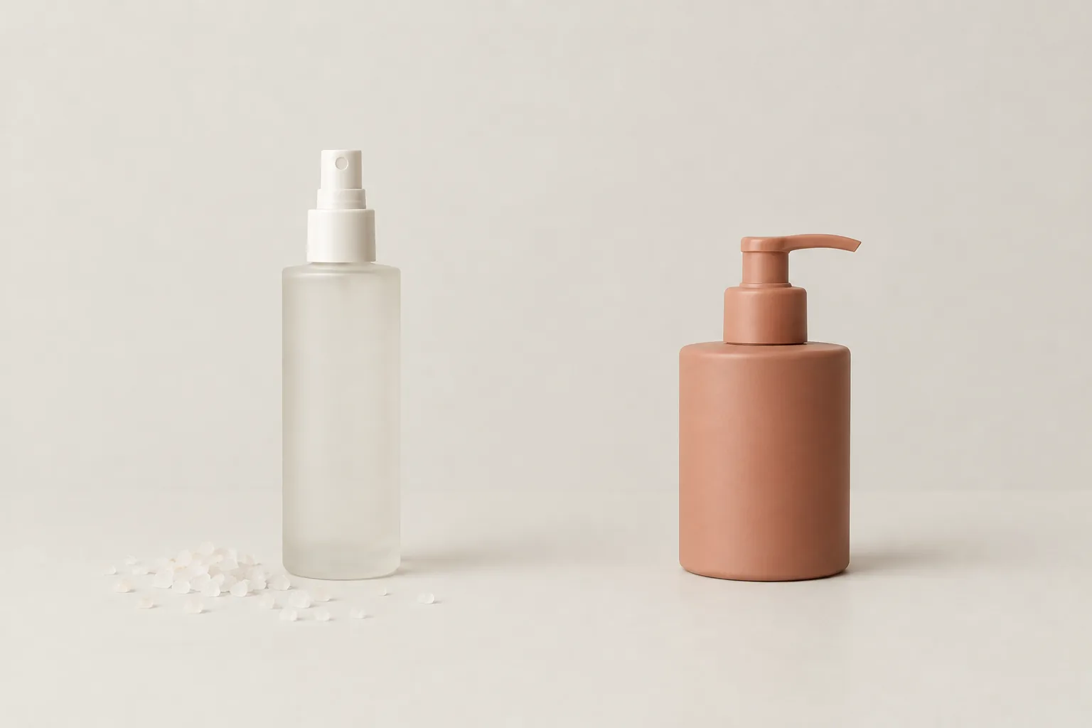 A frosted glass spray bottle with scattered sea salt crystals, standing apart from a terracotta pump bottle of conditioner.