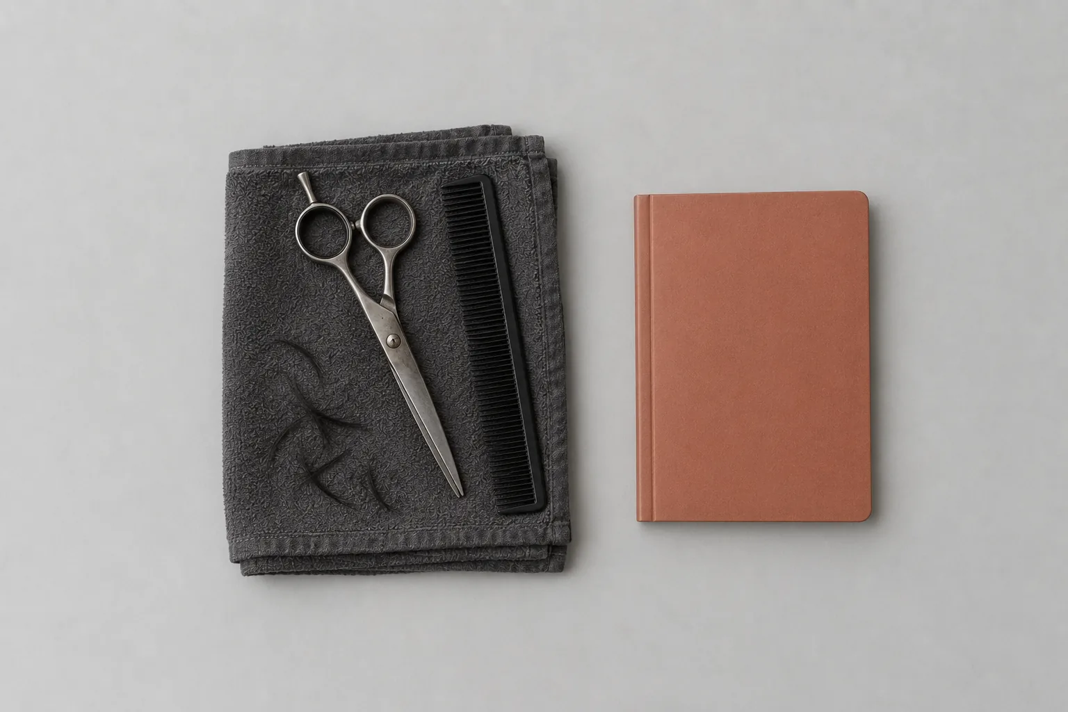 Well-used hairdressing scissors and a black cutting comb on a folded charcoal cloth with a few clippings of black hair, beside a plain terracotta notebook.