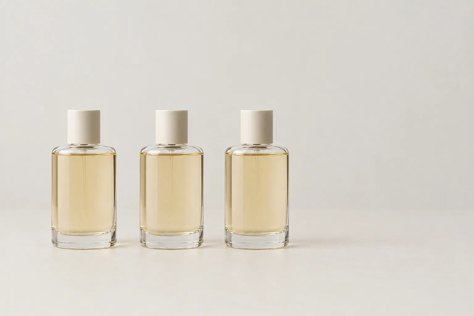Three identical clear fragrance bottles standing in a row, each still almost completely full.