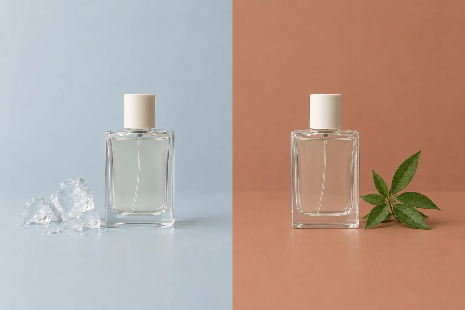 Two identical fragrance bottles, one on a cool blue-gray background beside ice, one on a warm terracotta background beside green leaves.