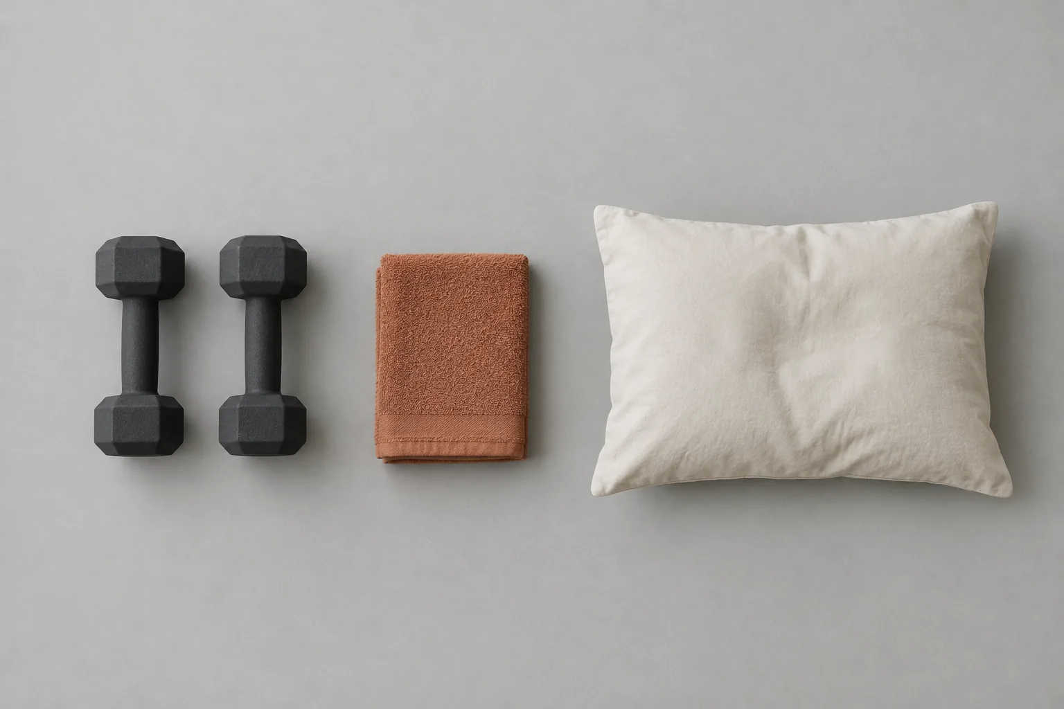 A pair of plain charcoal dumbbells, a folded terracotta towel and a cream pillow laid in a row.