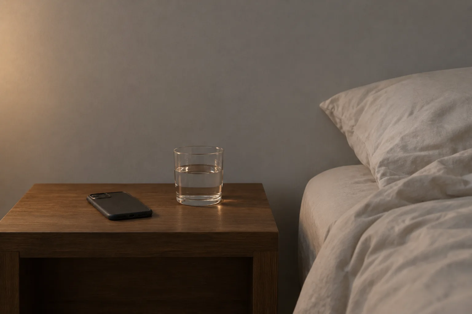 A phone lying face-down beside a glass of water on a wooden bedside table, next to the edge of a bed.