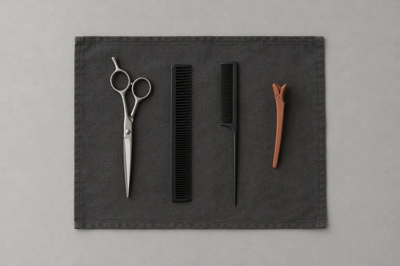 Hairdressing scissors, two black combs and a terracotta sectioning clip laid in a precise parallel row on a charcoal cloth.