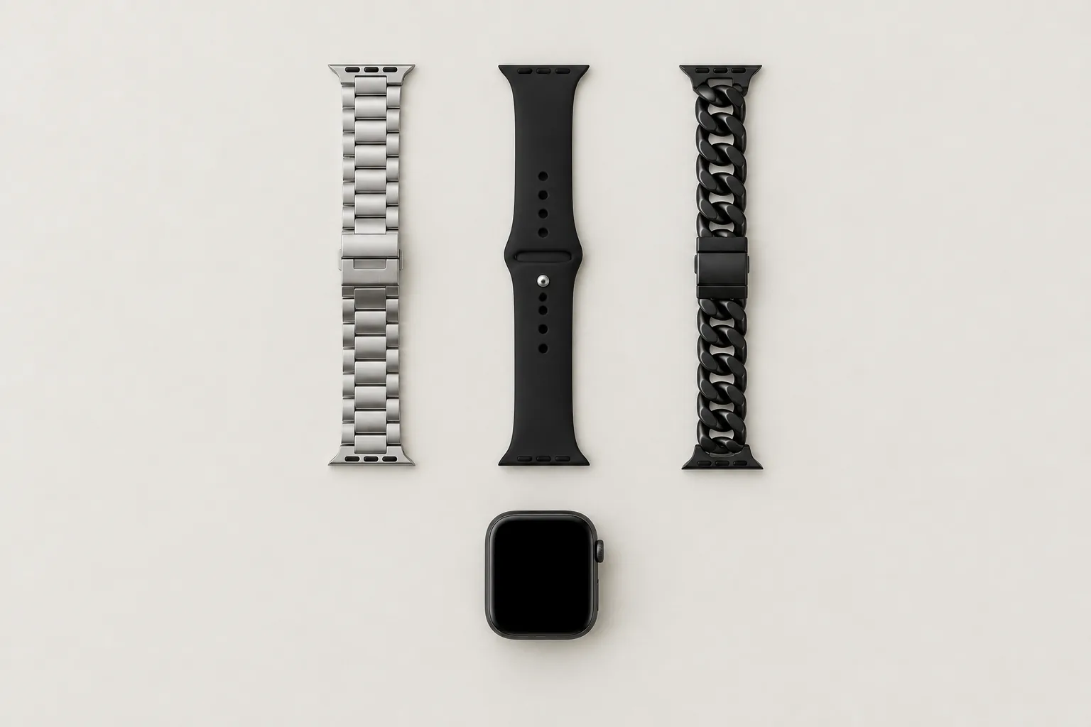 Three watch straps in a row, silver metal links, a black sports strap and a black chain, above a plain smartwatch case.