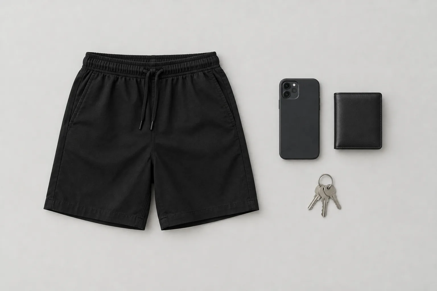 A pair of black shorts laid flat beside a phone, a black wallet and a set of keys.